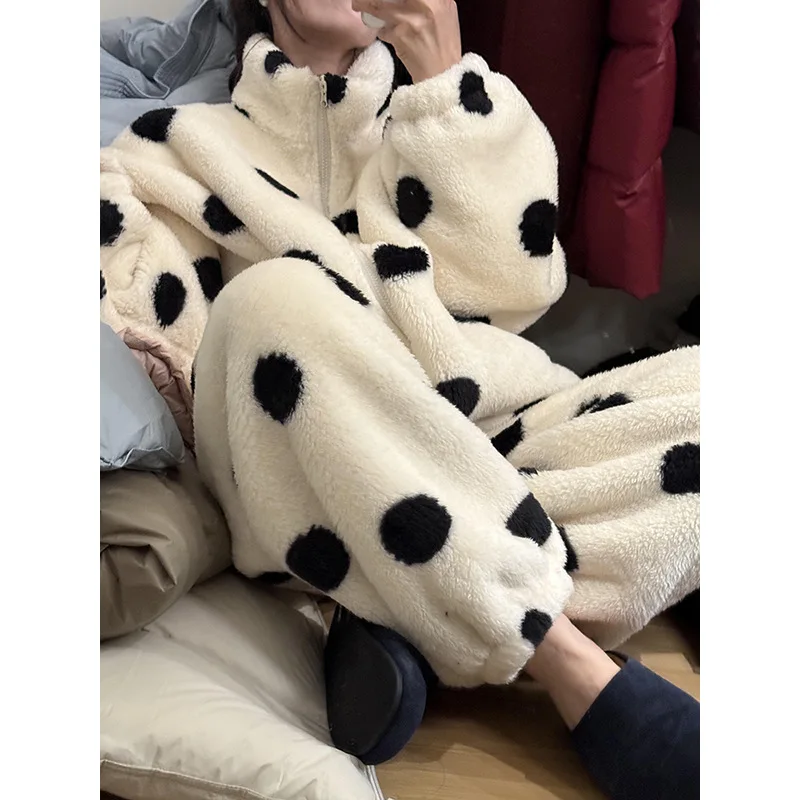 Polka Dot Turtleneck Coral Fleece Pants Set Winter Warm Cardigan +trousers 2-piece Sets Loungewear/pajama Set For Women