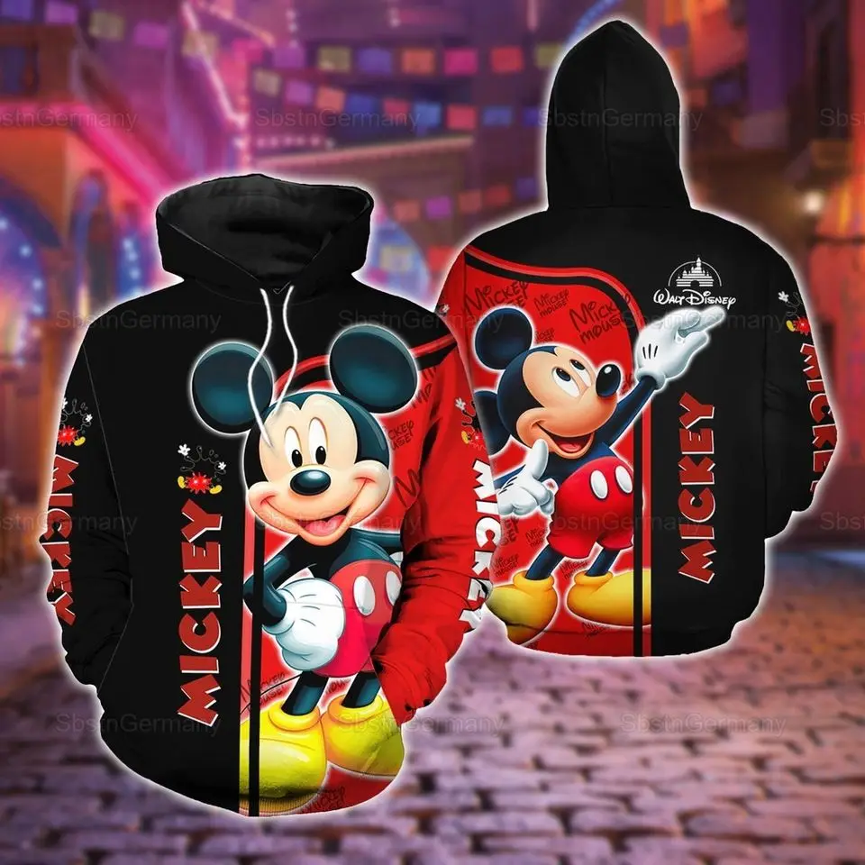 Men's 2024 Spring and Autumn New 3D Printed Mickey Mouse Men's Hoodie Women's Street Casual Sports Role Play Pullover