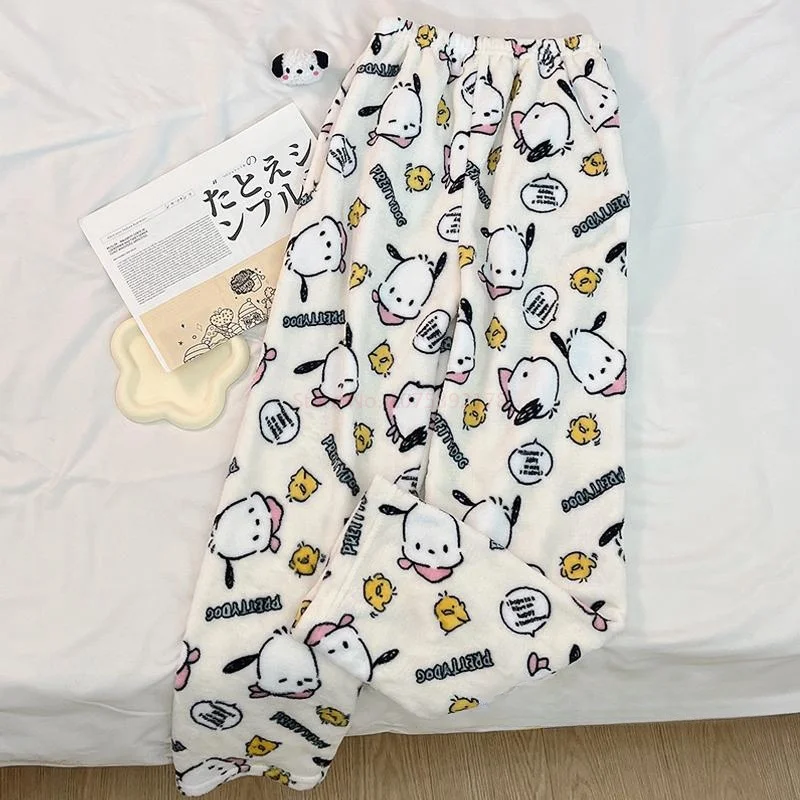 Sanrio Hello Kitty Pajamas Flannel Women Warm Woolen White Cartoon Anime Casual Home Pants Autumn Trousers