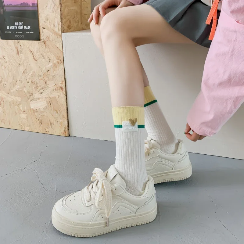 Dopamine Letter Heart Patterned Socks Soft Label Women's Mid-Calf Cotton Socks Multi-color Double Stitch Comfy and Versatile
