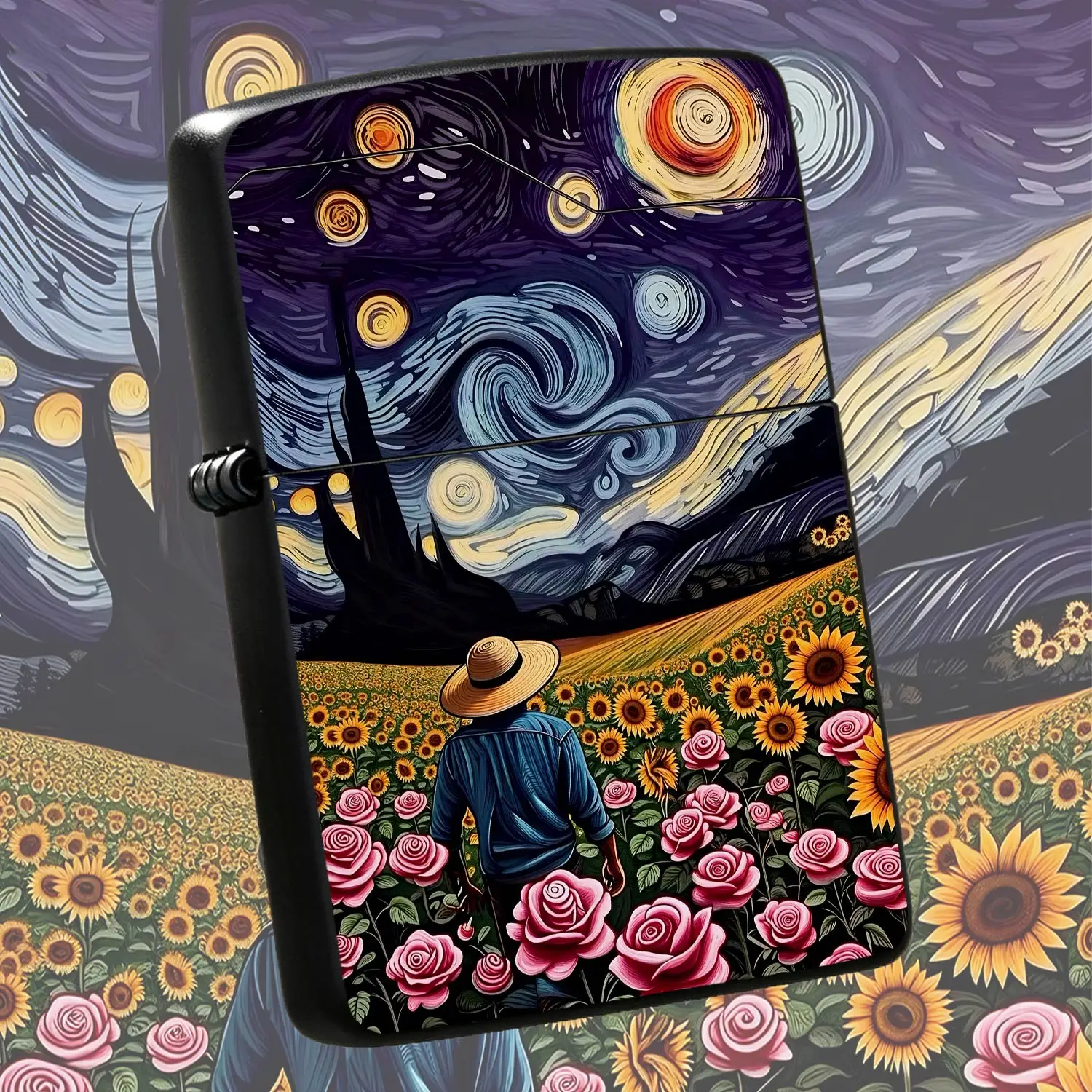 Van Gogh Starry Night Inspired Lighter, Artistic Swirl Starry Sky Design With Sunflower And Pink Rose Field Scenery, Exquisite Aesthetic Decorative Lighter, Ideal For Daily Use, Outdoor Camping, Family Gathering, Giftin A Humorous And Inter