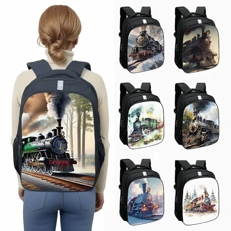 Cool Steam Locomotive Backpack Train Pattern Children School Bags for Travel Rucksack Bookbag Canvas Laptop Bag Day Pack