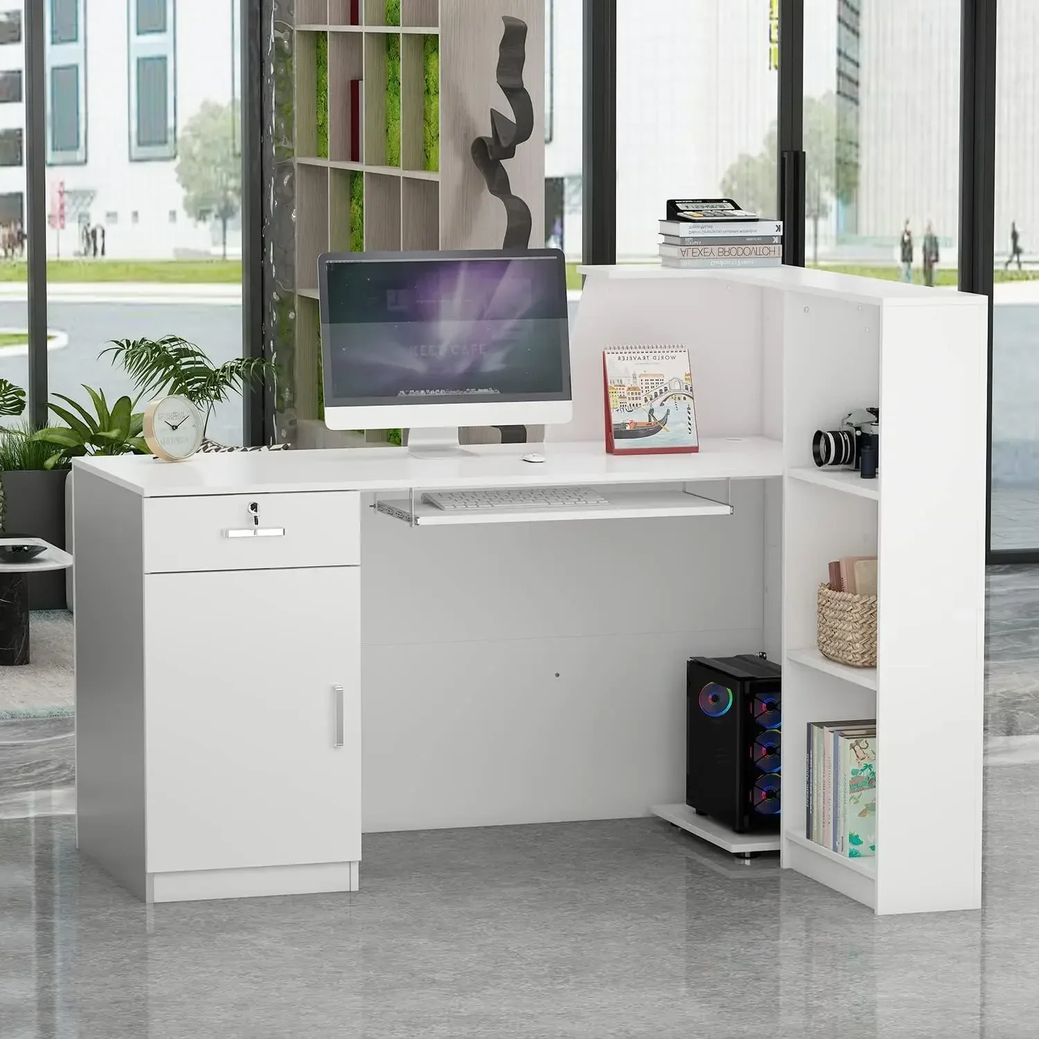 Reception Desk with Lockable Drawer, Open Shelves & Keyboard Tray, Office Desk Reception Counter Table