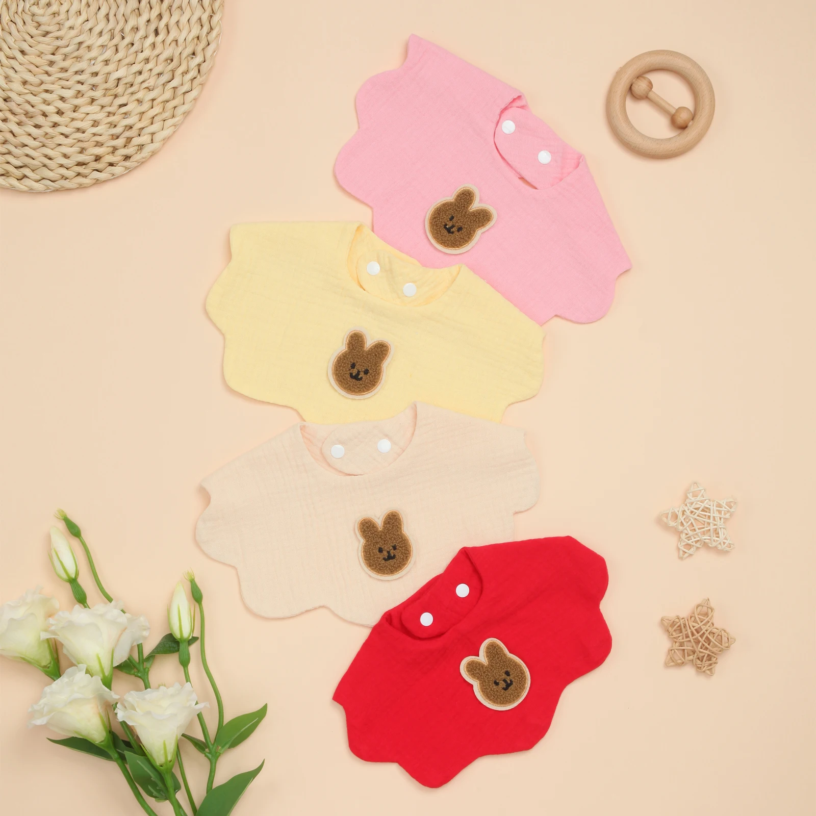 

4 Pack Cute Bunny Cotton Baby Bibs Soft Absorbent Infant Bib for Drooling, Teething, Feeding