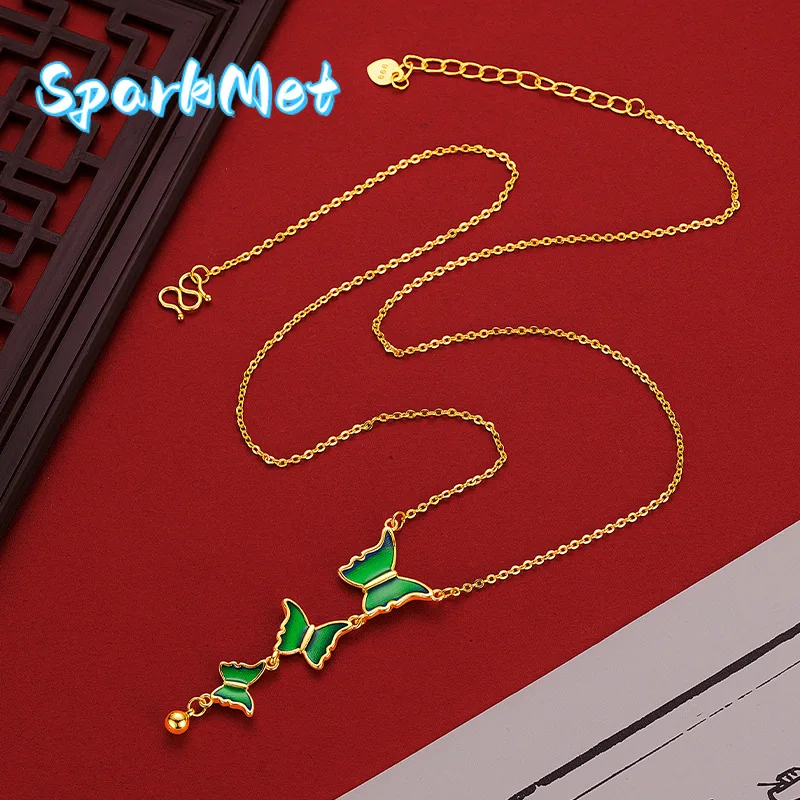 

Sparkmet Fashionable 9999 24K Real Gold Green Butterfly Collarbone Necklace Light Luxury Niche Design Enamel Dancing Tassel Chai