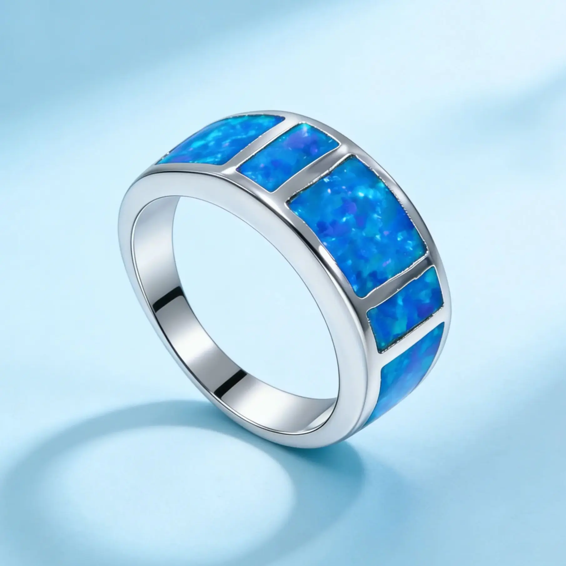 

Blue Opalescent Inlay Band Ring Unique Geometric Segment Design Sleek Statement Ring for Men Women Ideal for Daily Wear Gifting