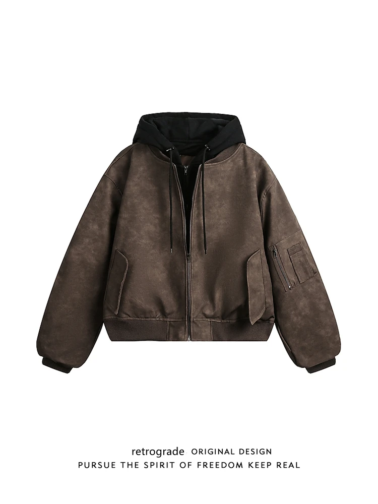 

American Sle Retro Street Flight Jaet Cotton Men's Patchwork Fake Two-Piece Meral Match All-Match Motorcycle Leather Jaet