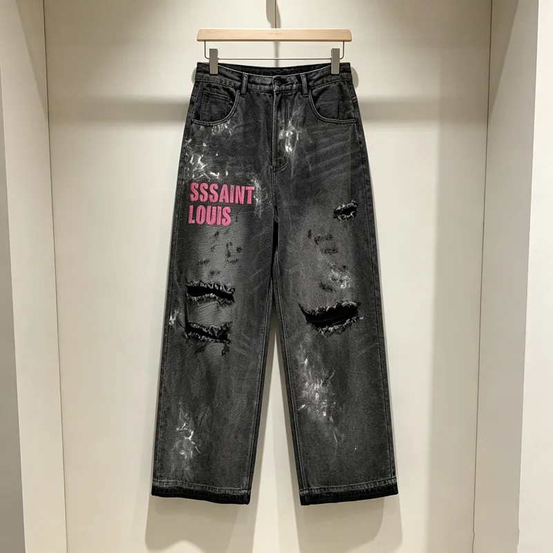 Graffiti SSSAINT LOUIS Hole Damaged Loose Straight Jeans Men Women Washed Vintage High Quality Streetwear Baggy Casual Trousers