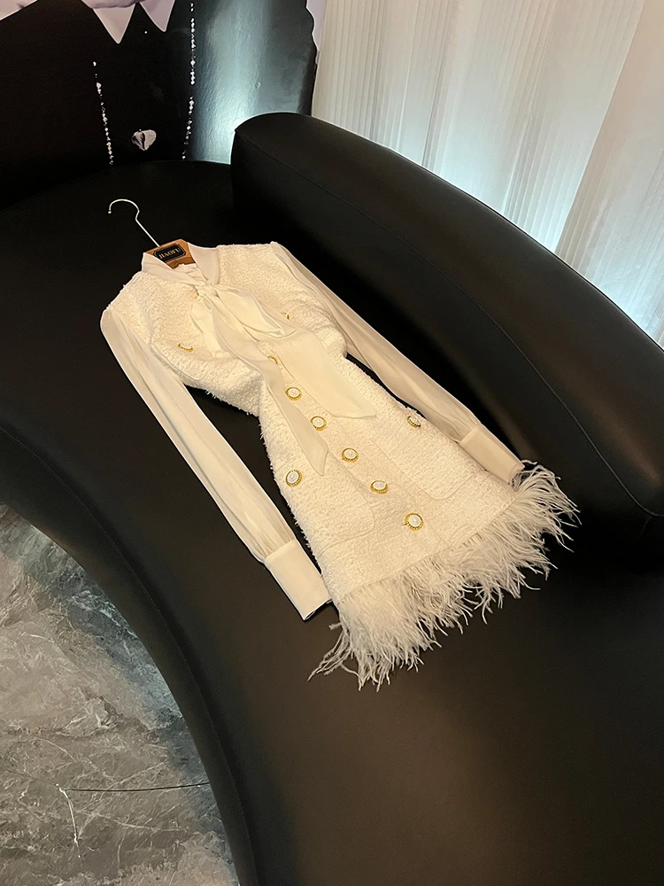 

Ele Feather Trimed Tfeta Splicing Dr Celebri Faion Coarse Tweed Skirt Hemline Commute Sle round Ne Dr