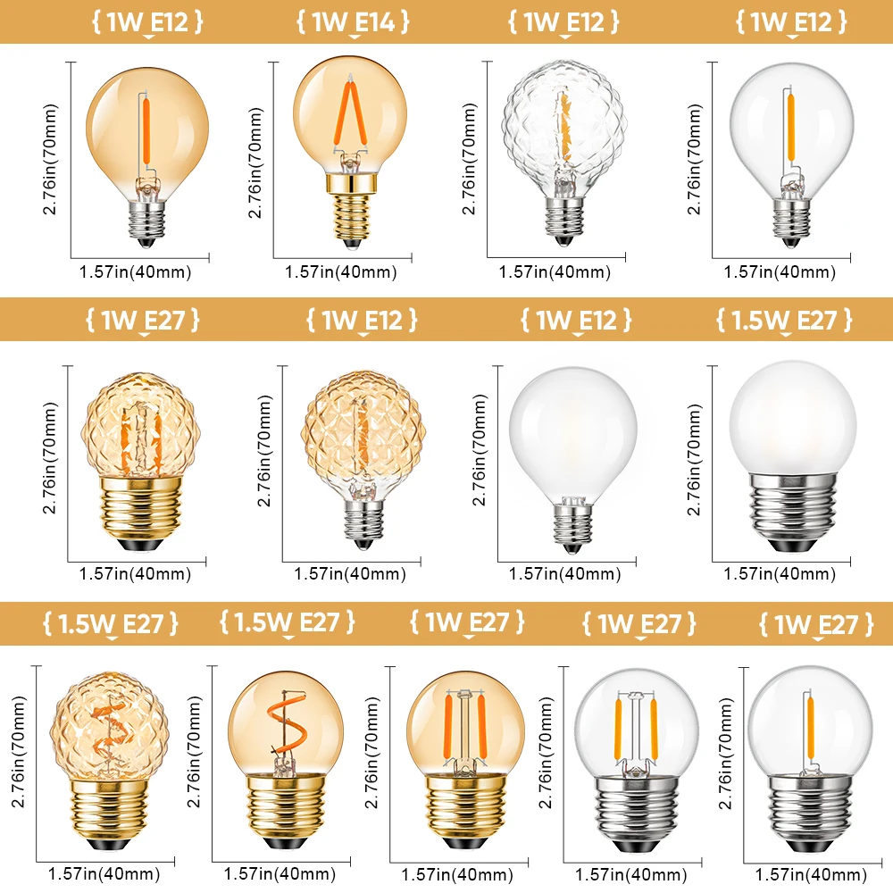 2Pcs Mini Globe G40 Led Bulbs E27 220V E14 E12 Warm White Dimmable Vintage Replaceable Pendant Garland Filament Lamp Decor Light