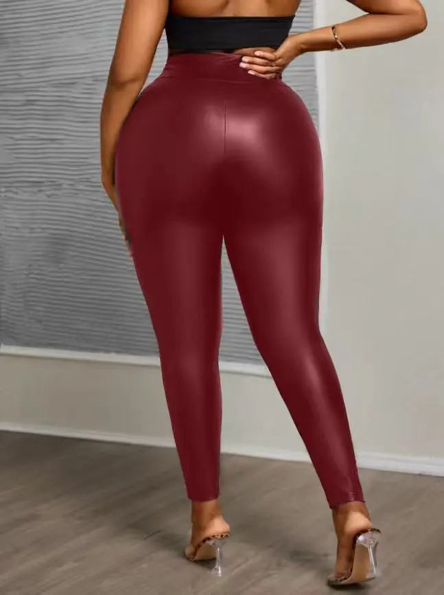 Plus size PU leather pants for women; high-waisted, slim-fit leggings for outerwear, slimming and fashionable ankle pants - Image 4