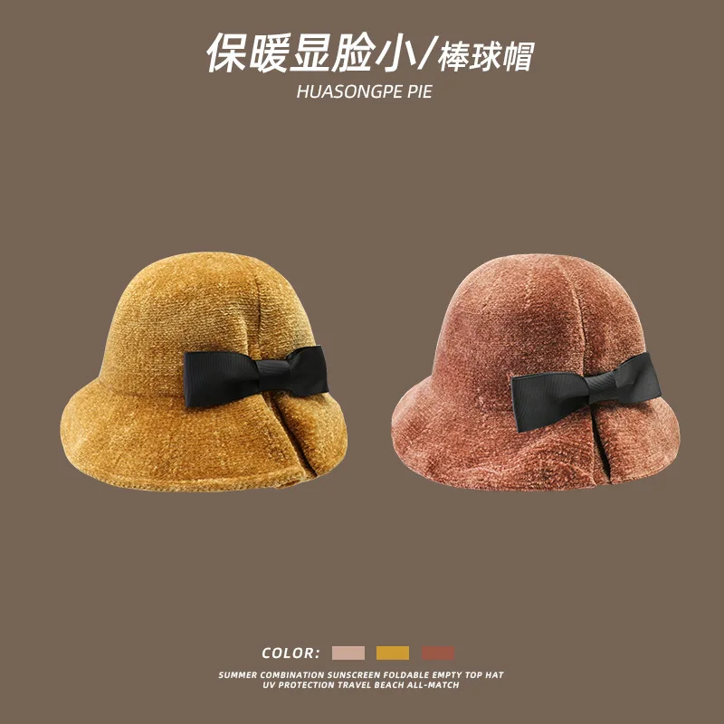 Women's Korean-Style Ins Autumn Winter Bowknot Bucket Hat Wide Brim Make Your Face Look Smaller Thermal Knitting Fashion