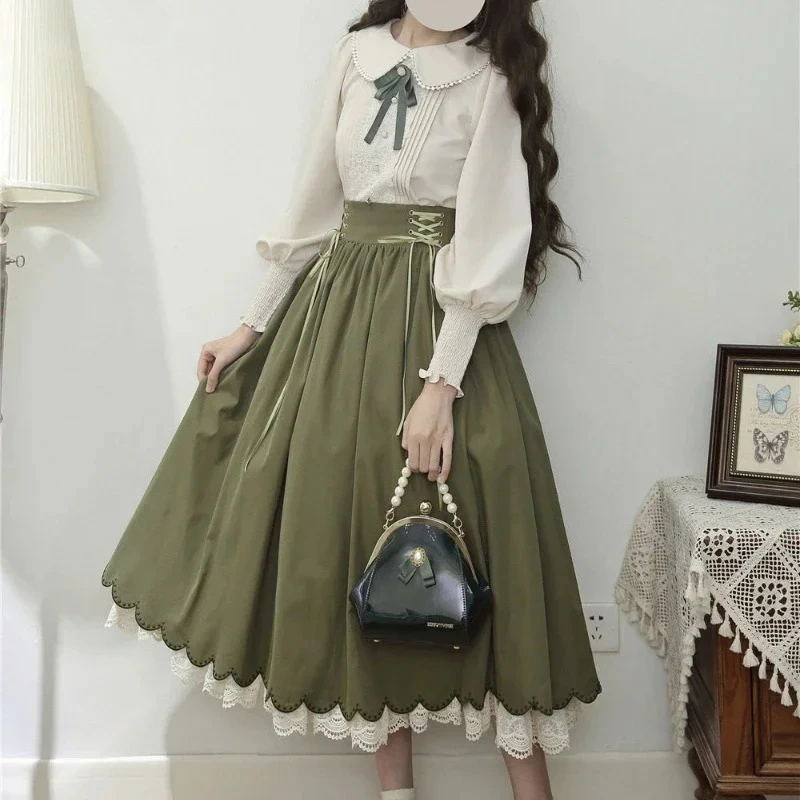 قمصان كلاسيكية أنيقة على طراز لوليتا للسيدات بلوزات مطرزة بالدانتيل بأكمام حلوة فستان بفيونكة لطيف للسيدات 2025 تخفيضات هائلة