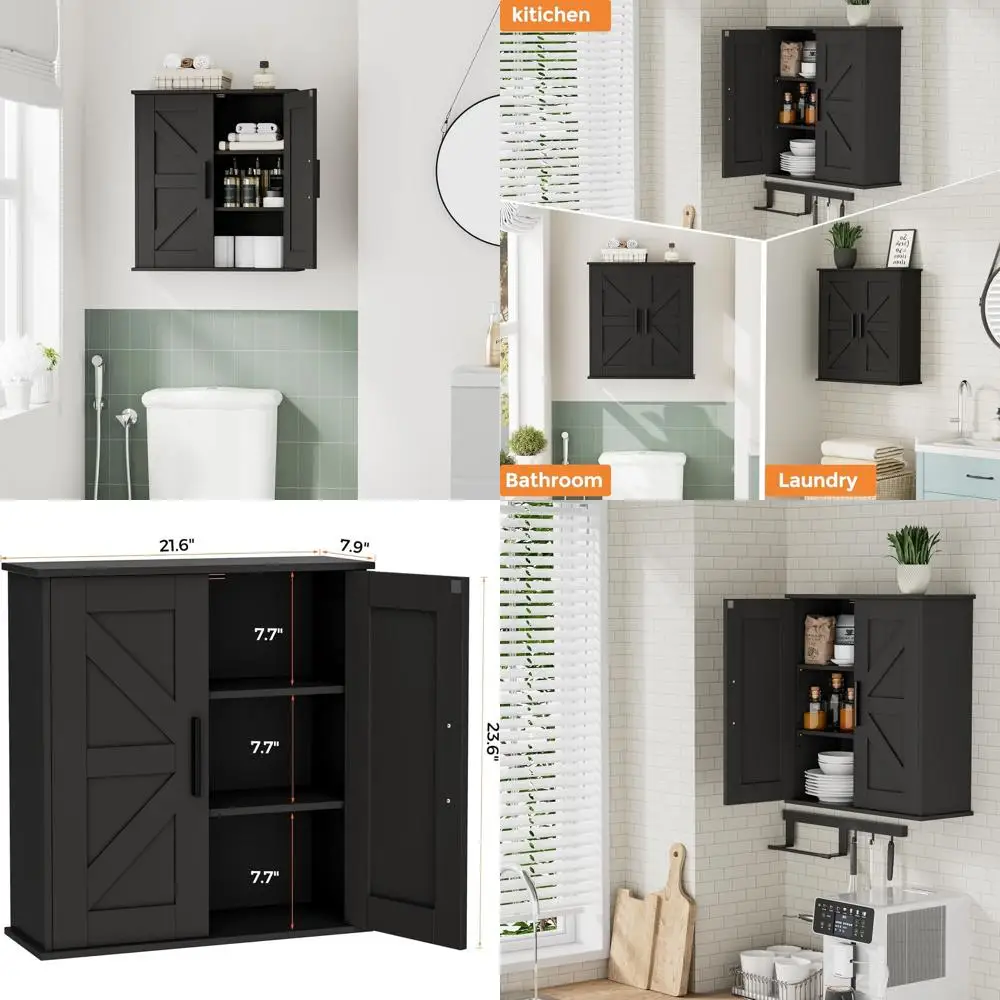 

Over Toilet 3-Tier Storage Cabinet with Barn Doors, Adjustable Shelves, Wall Mounted for Spaces, Black (7.9 Depth)