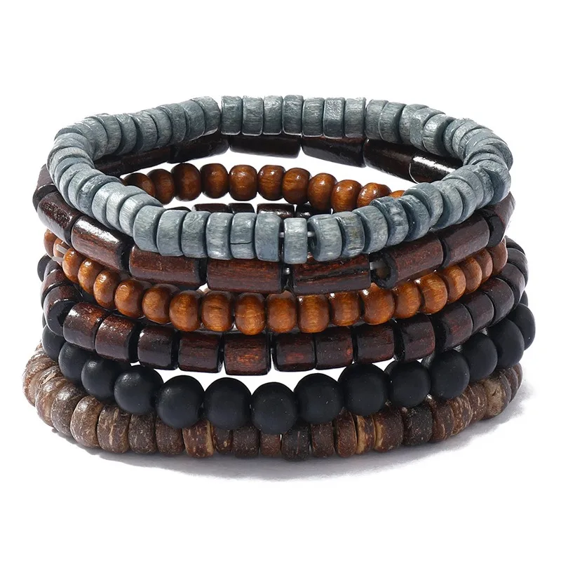 

6PCS Wooden Beads Bracelet Set for Men Vintage Coconut Shell Stretch Elastic Cord Bracelets Fashion Boho Stacking Jewelry Gift