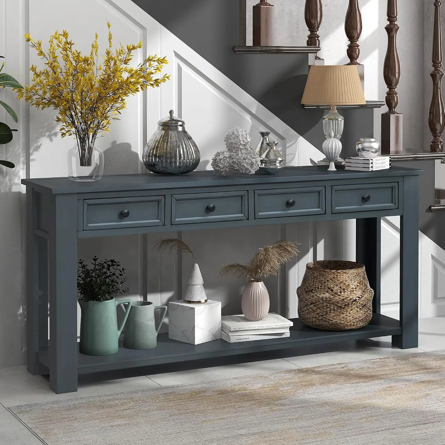 Entryway Console Table with Storage Drawers & Bottom Shelf, Navy, Customized