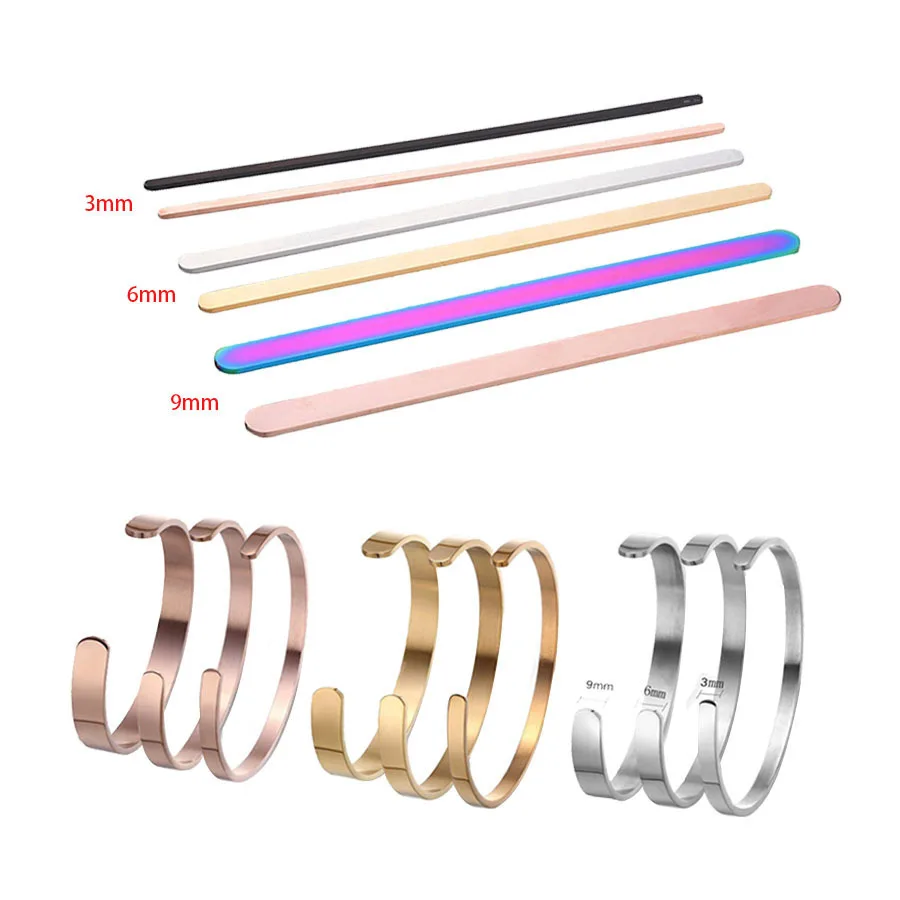 10 sztuk/partia szerokość 3/6/9mm 160mm 152mm długość DIY C otwarty mankiet bransoletka materiał lustro Polishe prostokątne puste paski ze stali nierdzewnej