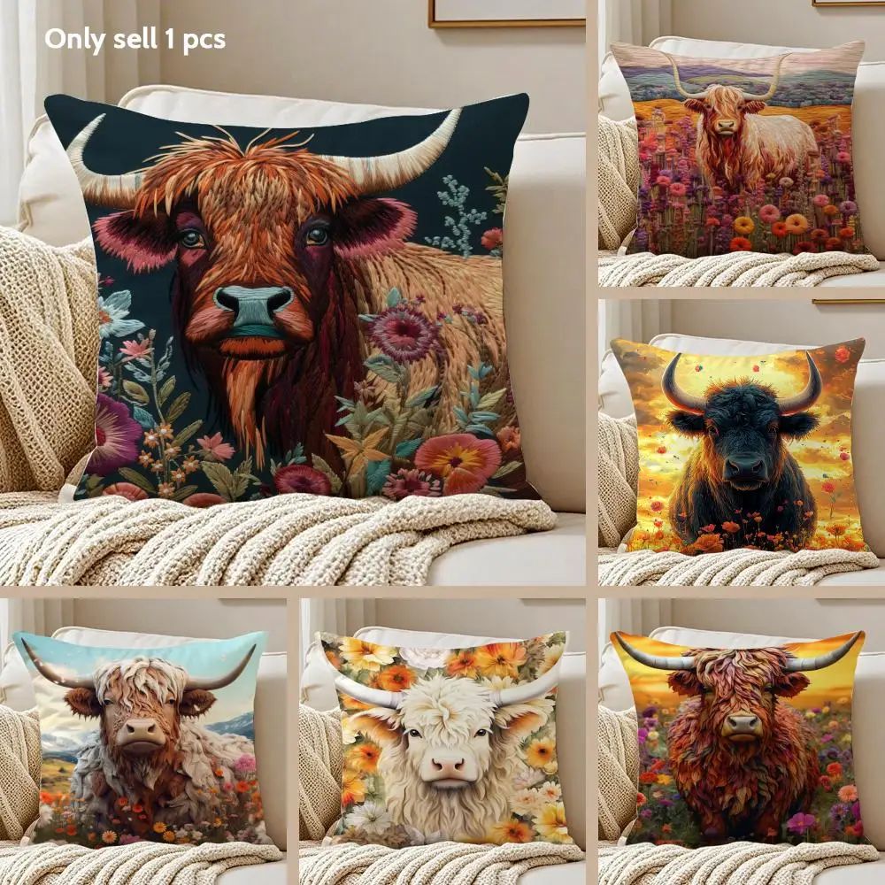 Vibrant Highland Cow Pattern Cushion Cover Silky Short Plush Sofa Pillow Cover Hidden Zipper Soft Dustproof Case for Home Decor