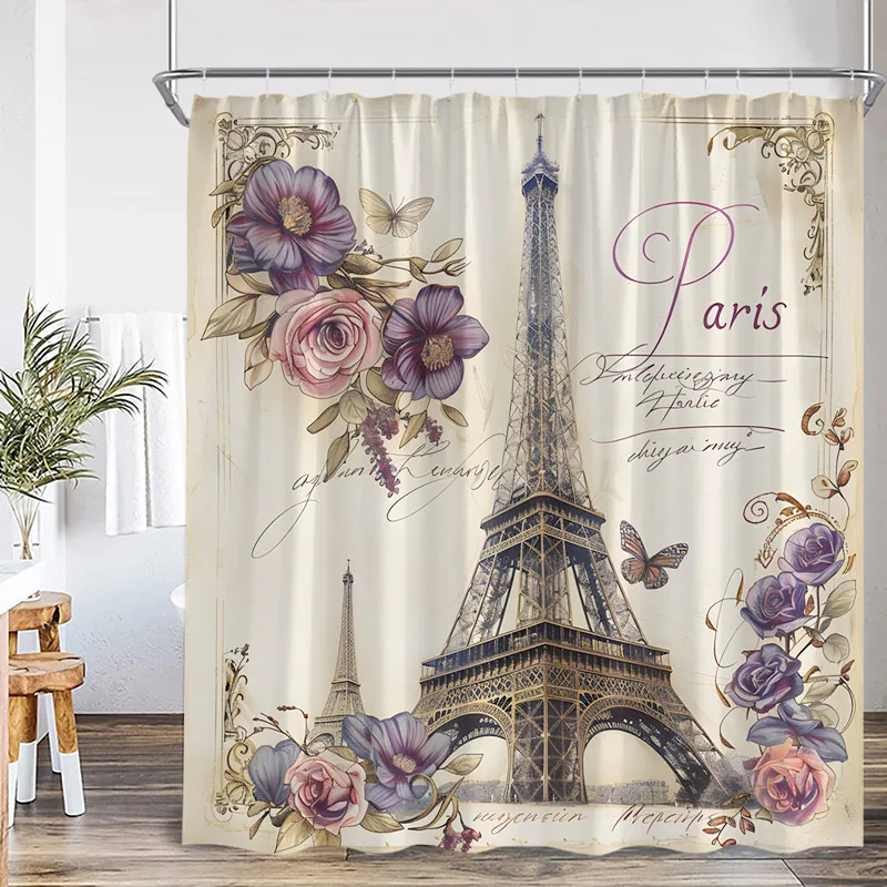 Paris Tower Shower Curtain Watercolour Floral Butterfly Vintage Art Bath Curtains Polyester Cloth Home Bathroom Decor with Hooks