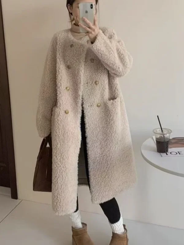 Abrigo largo Retro de piel de oveja, ropa de abrigo cálida para mujer, corte holgado, versátil, Otoño Invierno, nuevo Sle, fibra de poliéster, Color puro