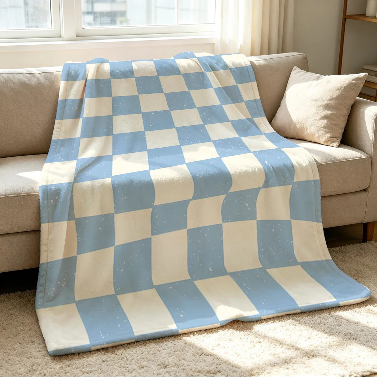 Chunky Blue and White Gingham Pattern Throw Blanket Cozy Sofa Bedding for Living Room Decor