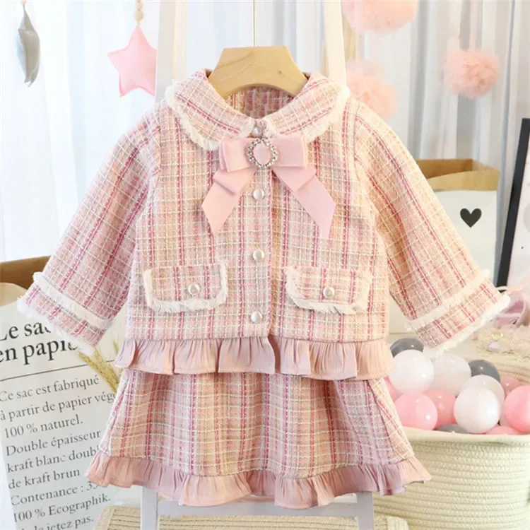 

Baby Girls Fashion Clothing Set Classic Plaid Lace Jackets+skirts Kids Toddlers Spring Autumn Winter Elegant Suits Child Clothes