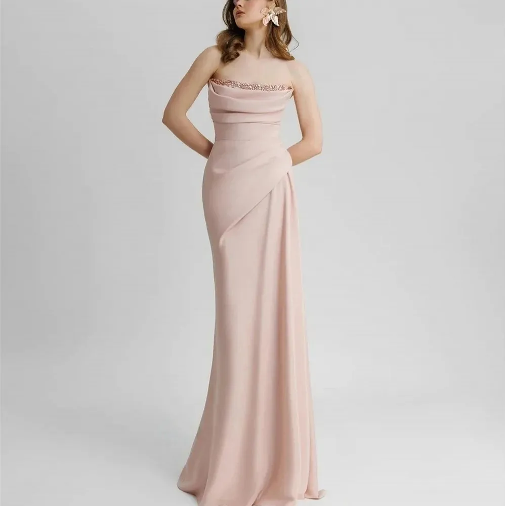Elegant Light Pink Evening Formal Dress Strapless Heavy Beads Floor Length Satin Prom Pageant Party Gowns Robe De Soiree