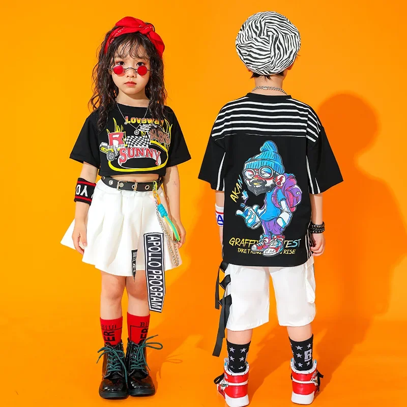 Boys Hip Hop T Shirt Girls Loose Cargo Shorts Clothing Sets Kid Summer Cartoons Print Cool Tee Street Dance Jazz Child Costumes