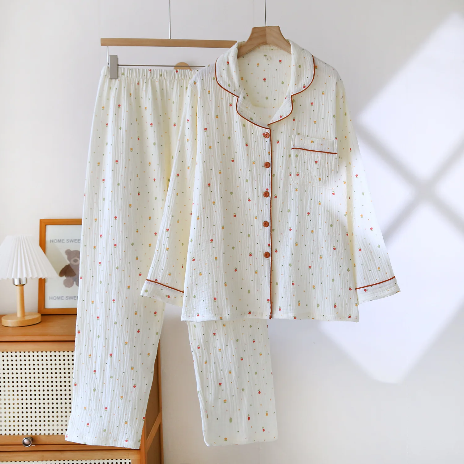 綿の女性用プリントシャツパンツパジャマセット、寝間着、ゆったりとした秋冬の長袖ズボンスーツ