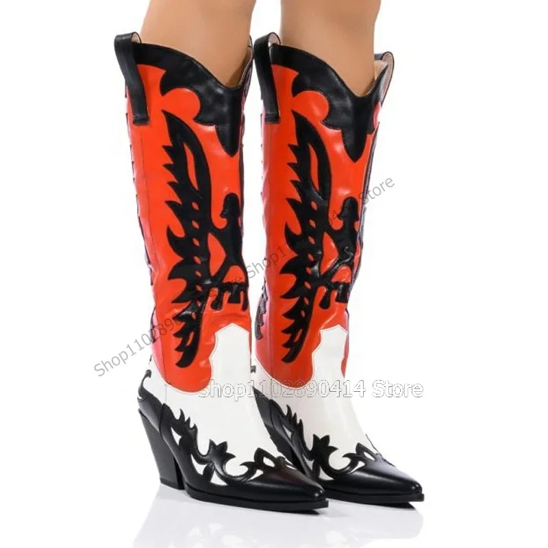 

Mixed Color Totem Pattern Pointed Toe Boots Slip On Women Shoes Chunky High Heels Novel Fashion Banquet 2023 Zapatos Para Mujere