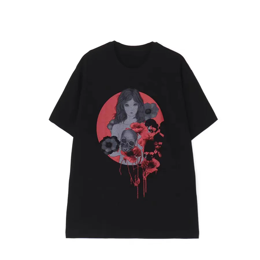 YAMAMOTO-Style T-shirt,HighQuality Dark Theme "Red Skull" Pattern Print
