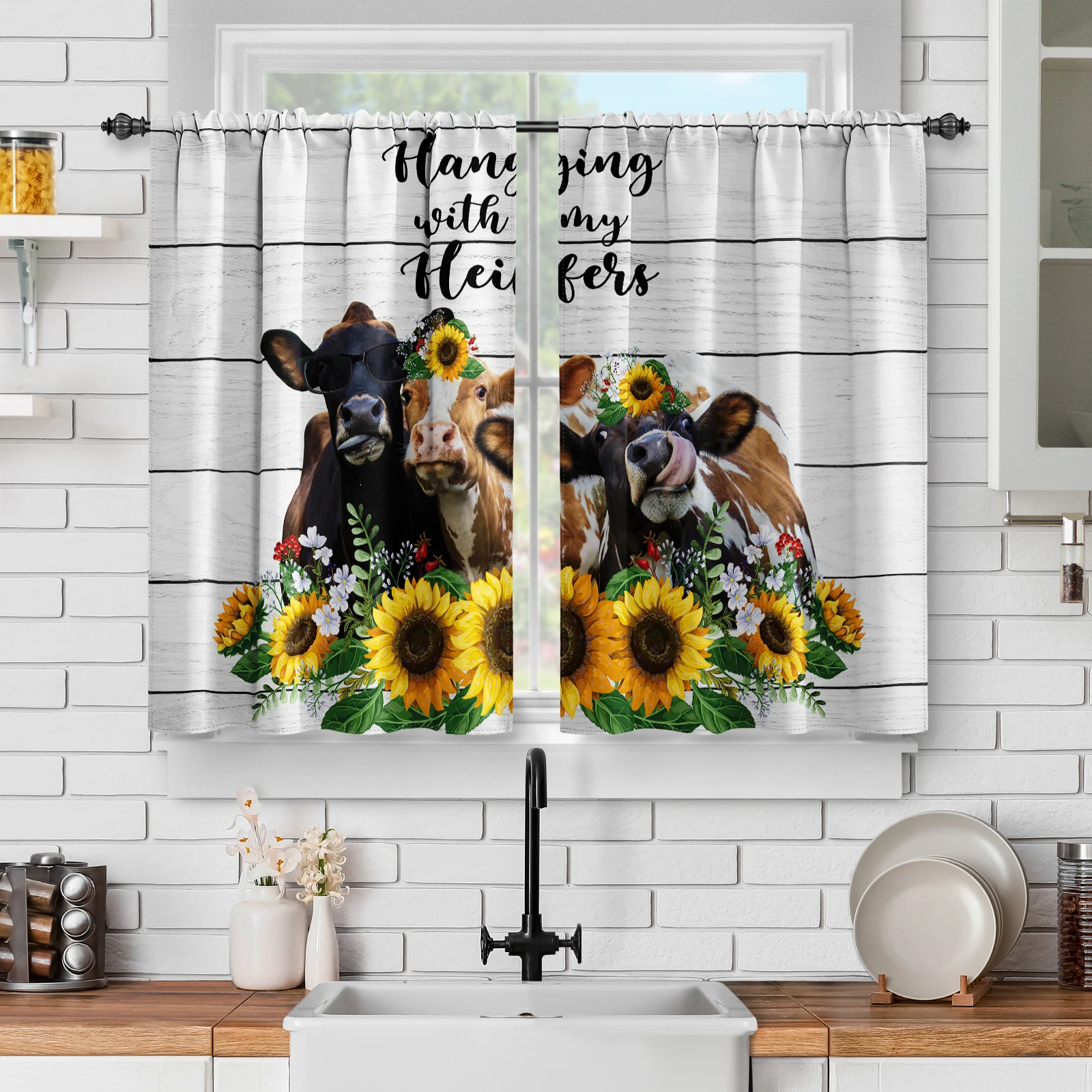 

2 Panels Sunflower Cow Print Kitchen Curtains,Floral Farmhouse Short Cafe Flowers Country Vintage Decor Rod Pocket Window Drape