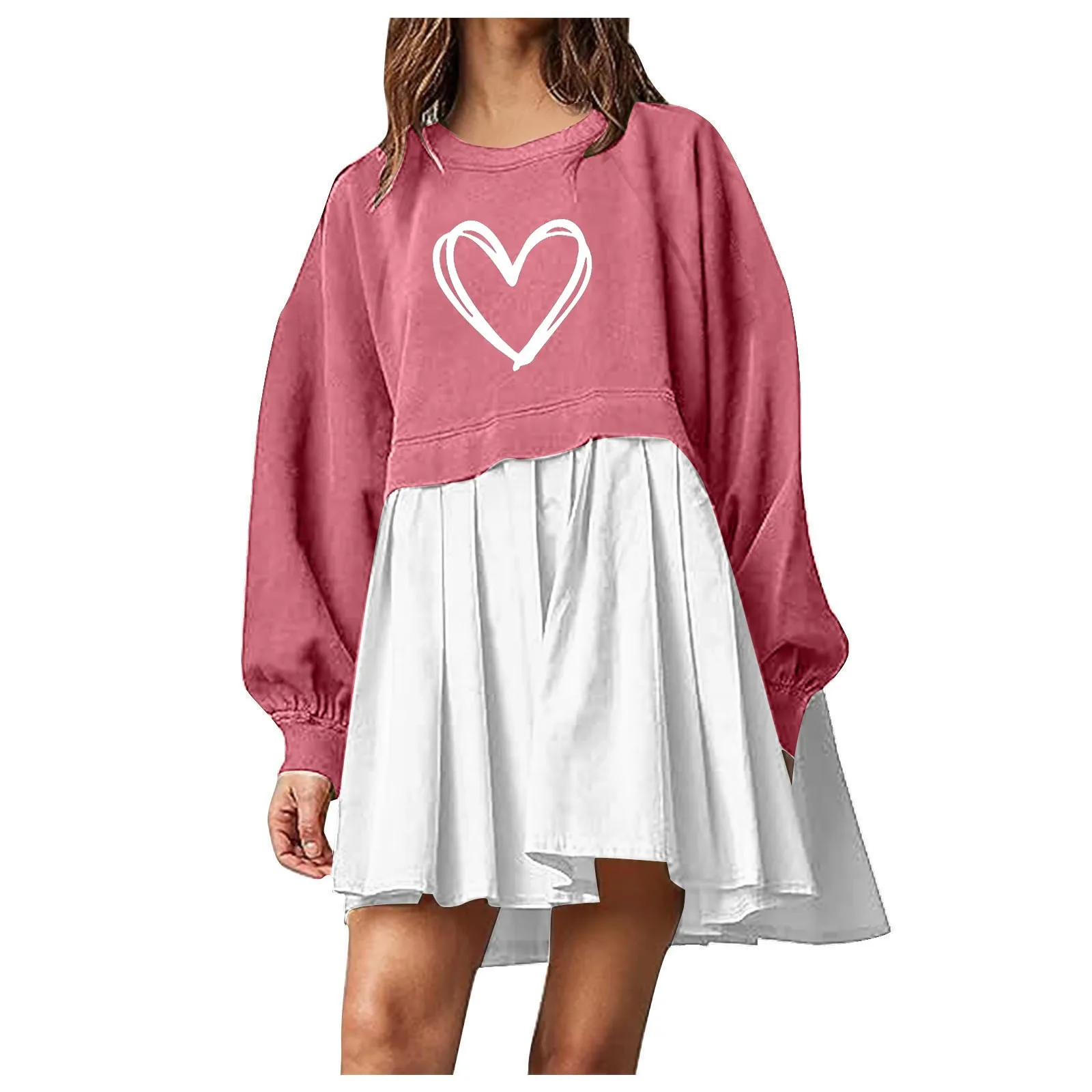 Felpa con stampa a cuore da donna abito girocollo Pullover top felpe con vestibilità rilassata Mini abito felpe con cappuccio oversize moda floreale