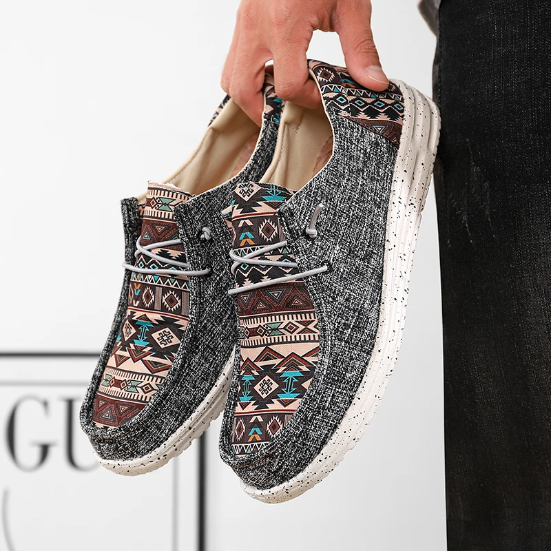 

Casual Men's Canvas Shoes Slip-on Printed Boat Shoes Breathable Driving Cloth Shoes Women Couple Tribal Loafers Plus size 39-48