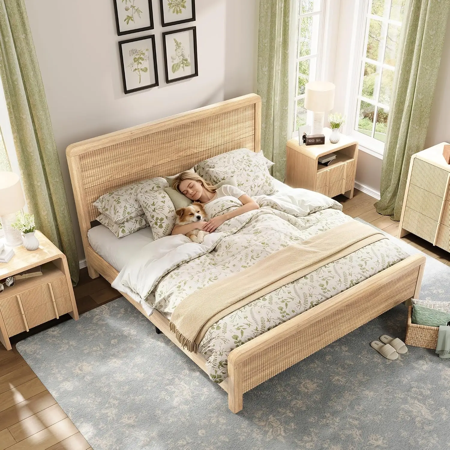 Wood King Size Bed Frame with Headboard & Footboard, Modern Fluted Wooden Platform Bedframe with Rounded Safety Edges,Custom