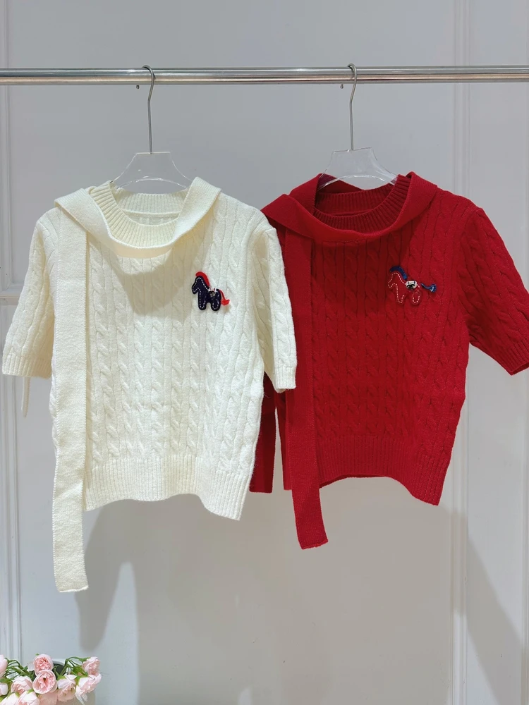 

Женский трикотажный топ с коротким рукавом и круглым вырезом, с узором «косы», в роскошном стиле, из мягкой ткани, с мультяшным принтом, для повседневной носки, коллекция «Ранняя весна»