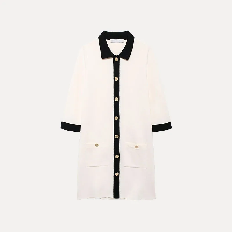 Golden Button Knitted Dr Collared Spring Women's Sle 8220 Z Premium Polyester Fiber Ele Faionable Dr