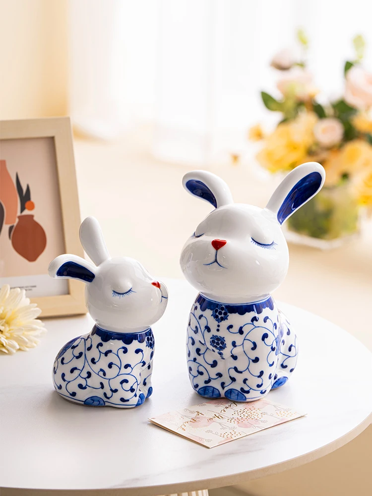 

Modern Lovely Blue and White Rabbit Ceramic Decoration Living Room Office Desktop Home Accessories New Year Gift This Year