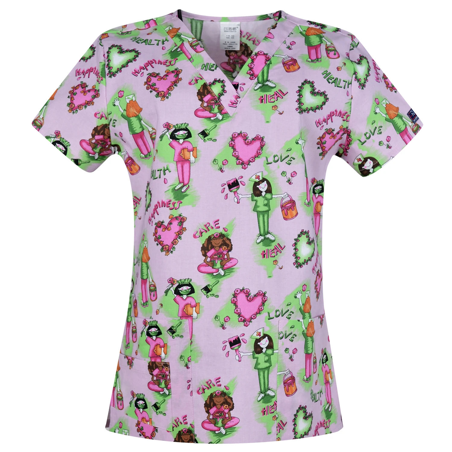 Hennar Print Scrub Uniforme para As Mulheres, 100% Algodão, 4 Bolsos, Tecido Médico Scrub Tops, XXS-5XL