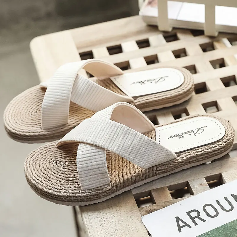 2022 Summer Cross Hemp Thong Platform Wedges Women Slippers Indoor Outdoor Beach Slides High Heels Basic Shoes for Women