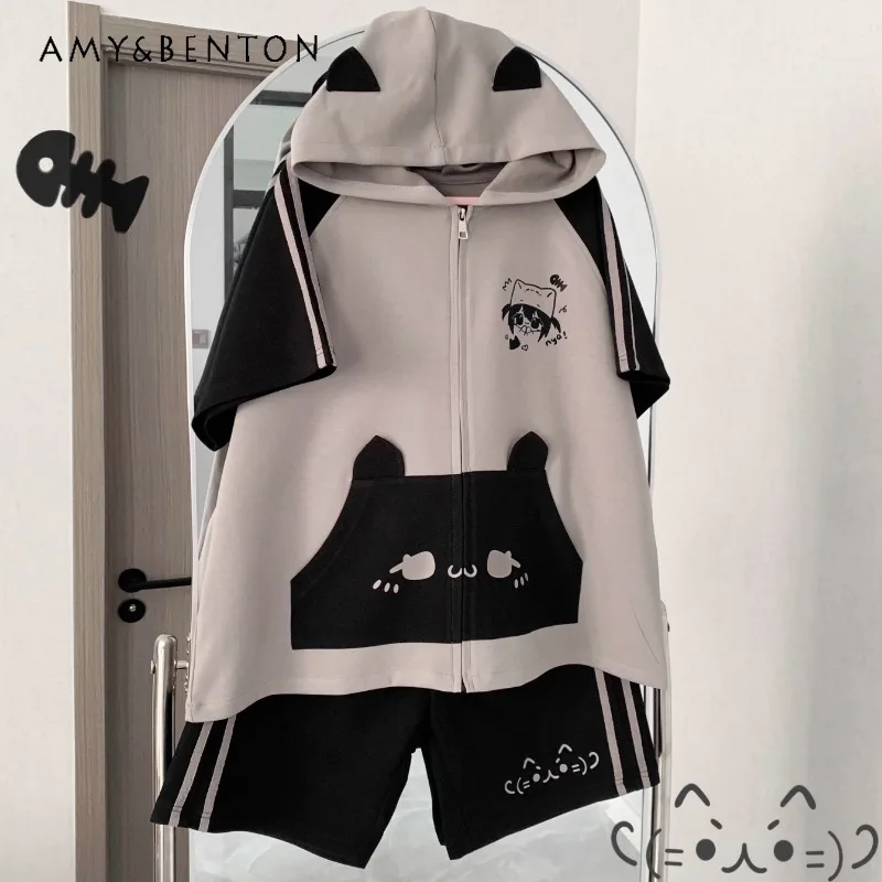 2024 New Japanese Original Cute Cartoon Hooded Black And Gray Color Matching Sports Short Sleeves Jacket Shorts Suit For Female