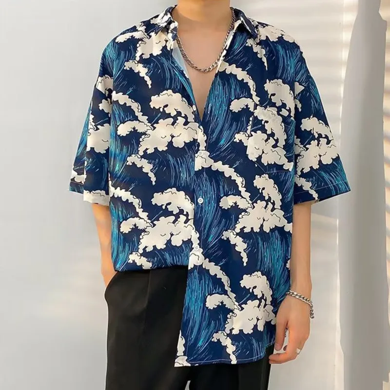 Summer Sea Wave Print Shirt Men's Hawaiian Turn Down Collar Short Sleeve Shirts Casual Loose Beach Hawaii Tops Daily Clothes