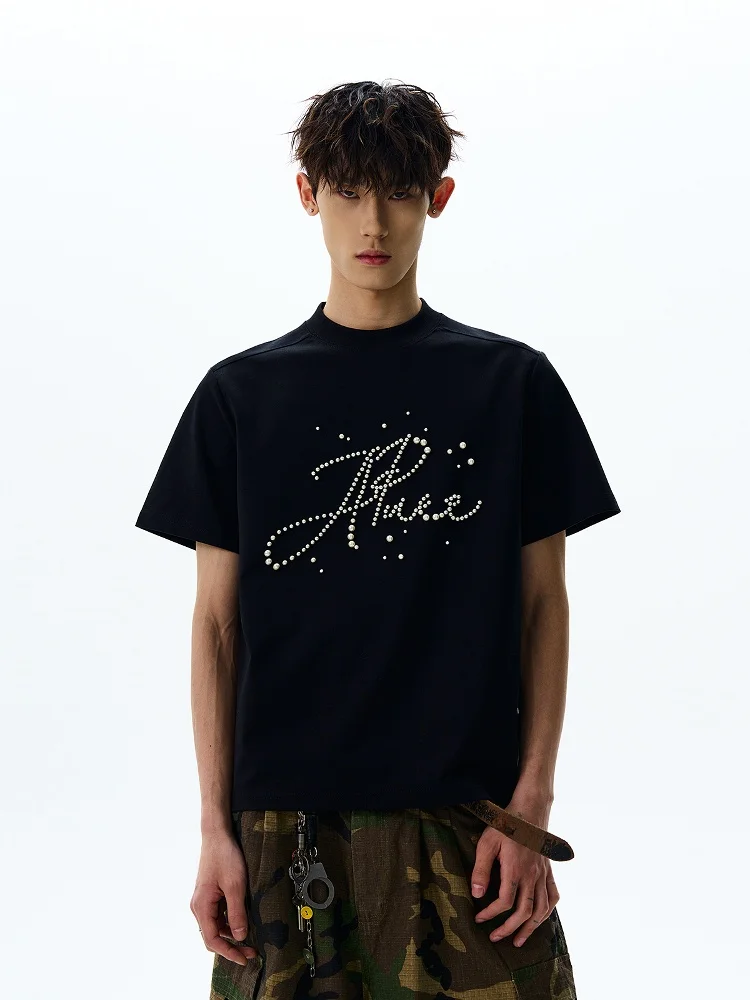 

a PUEE American Retro Original Letter Pearl ort Sve T-irt CleanFit oulder ort Sle Summer Top for Teen Boys