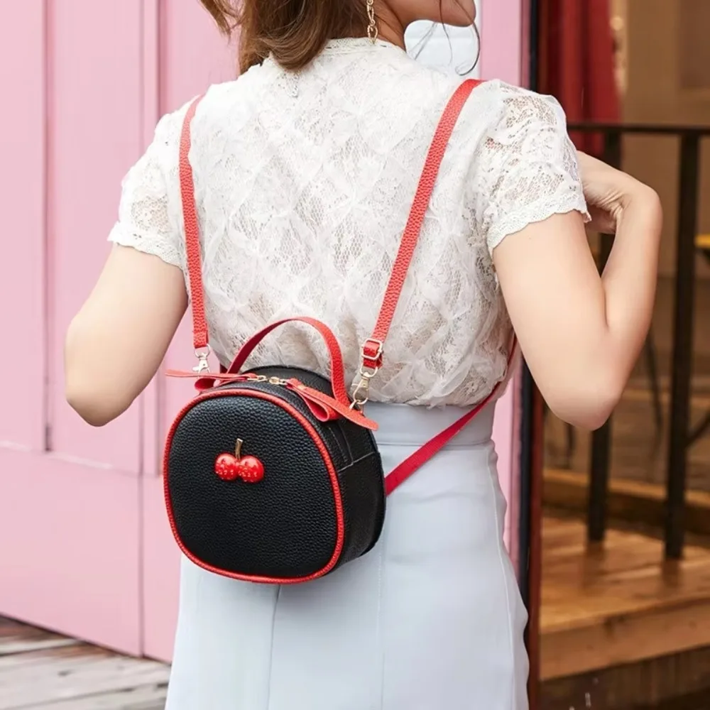 Sweet Contrast Color Round Mini Bag for Women, Rhinestone Cherry Decor Convertible Backpack, Casual Handbag Crossbody Purse