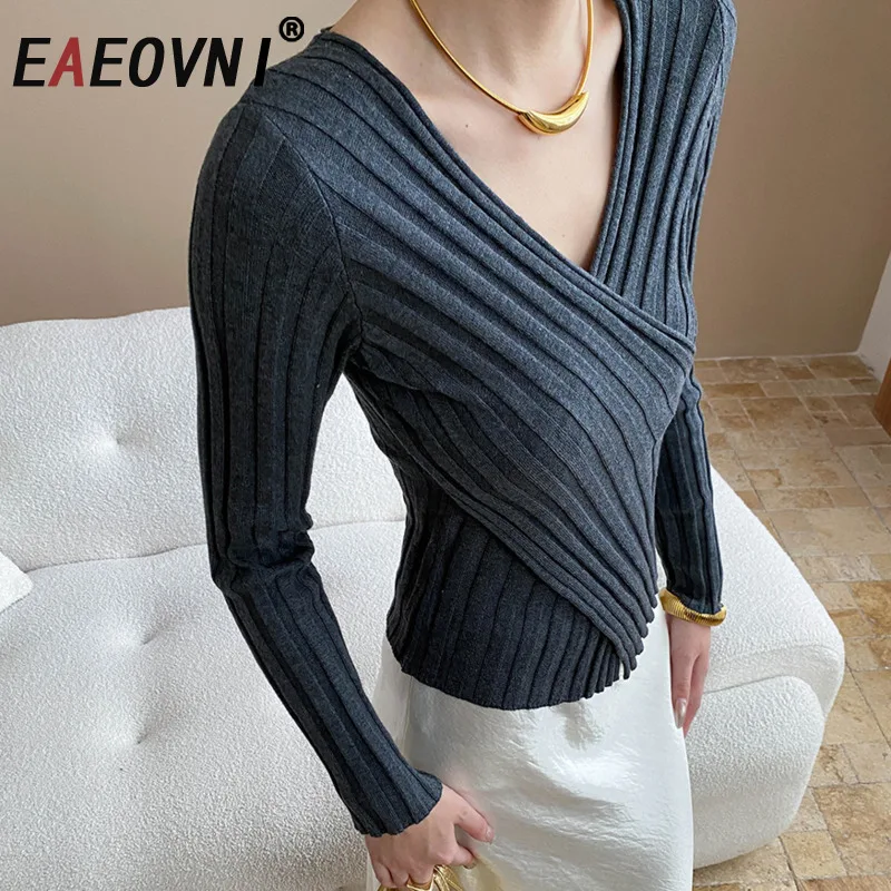 

EAEOVNI вязаный осенне-зимний новый женский свитер в полоску с v-образным вырезом и длинными рукавами, тонкие топы, мода 2025 года, повседневная одежда