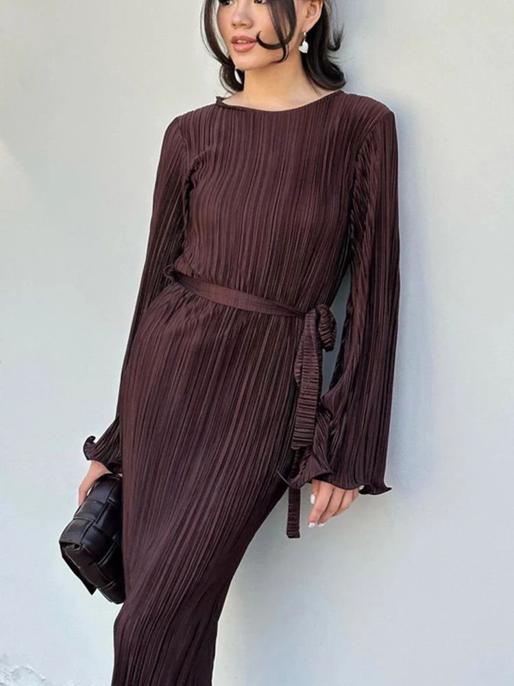 Mumaroho 2023 Autumn Winter Women Elegant Solid Midi Pleated Dress Long Sleeve Slim Fit Bodycon Pencil Dress For Women