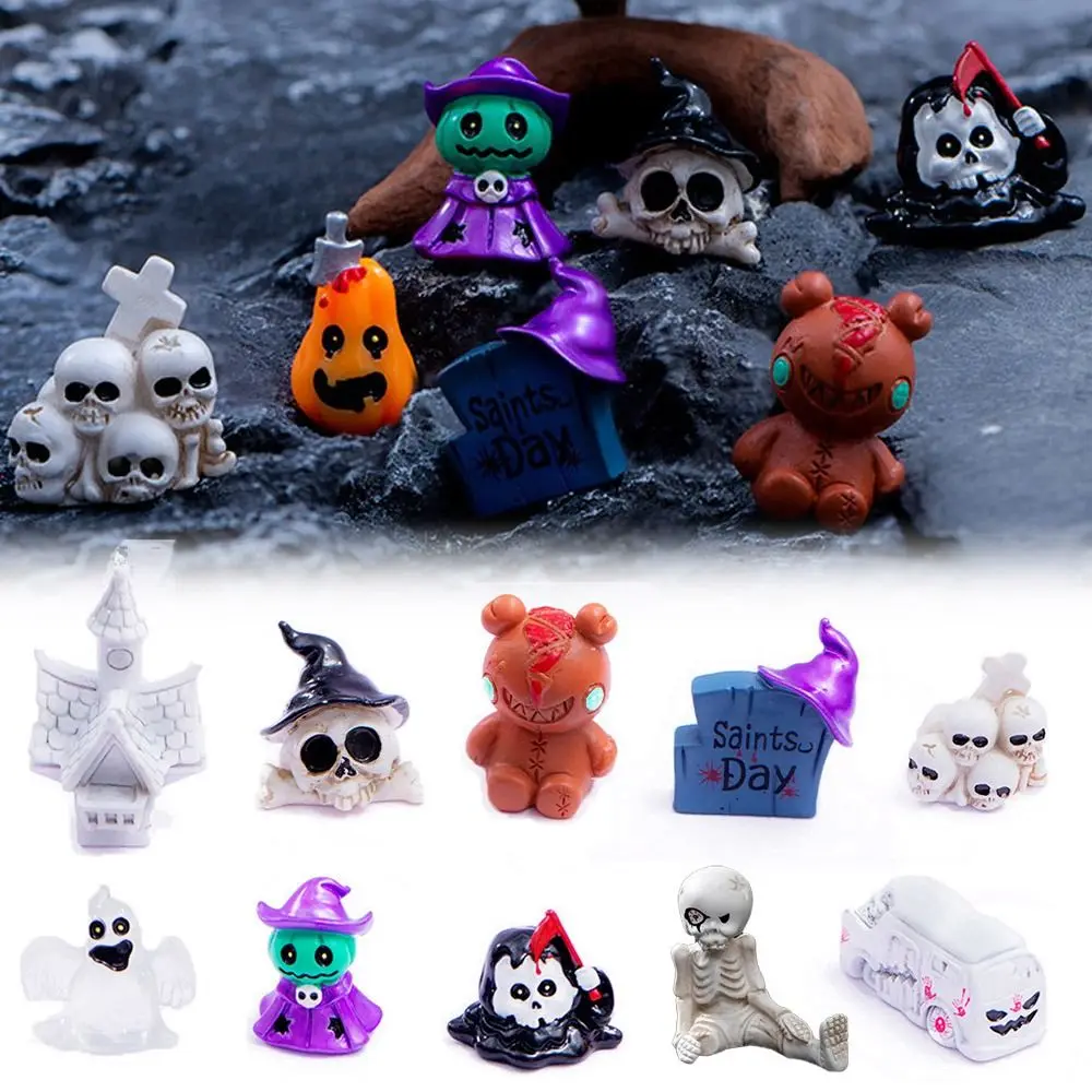 Multicolor Halloween Miniature Figurine Castle Car Wizard Bone Skull skeleton Cartoon Scary Bear Statue Micro Landscape