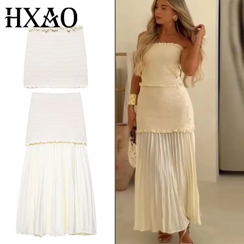 Hxao nova malha 2 peças conjunto para mulher plissado saia longa outfit feminino duas peças conjunto espartilho superior retalhos saias conjuntos 088
