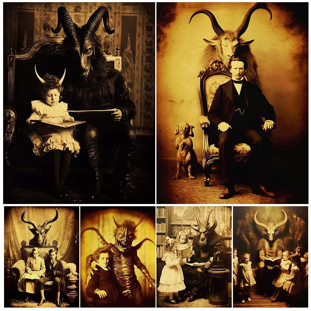 Baphomet&Satanic Creepy Vintage Photo Wall Art Canvas Painting Victorian Occult Photography Art Poster Print Home Decor Unframed