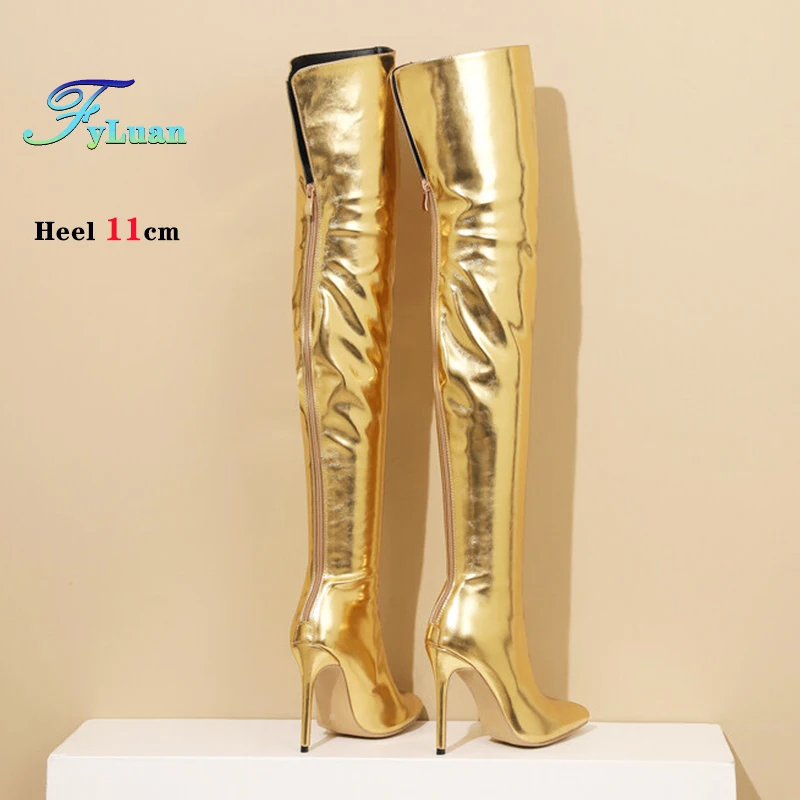 النساء عودة البريدي الذهب فوق الركبة الأحذية 11 سنتيمتر رقيقة عالية الكعب ملهى ليلي أشار تو أحذية طويلة أحذية الحفلات الإناث بوتاس حجم كبير